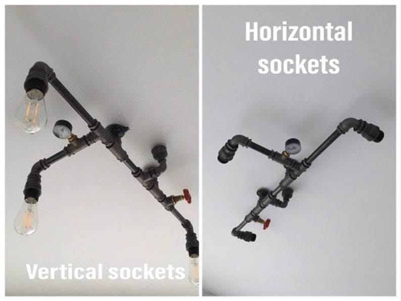 May include: Industrial style ceiling light fixture with four light bulbs and exposed pipes. The fixture has two vertical sockets and two horizontal sockets. The text "Horizontal sockets" and "Vertical sockets" is visible in the image.