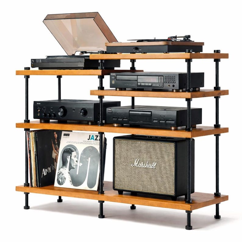 Turntable Base Rack Handmade Turntable Stand, Solid Beech Wood Media Console, Hifi Vinyl ...