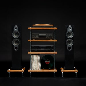 BEST SELLER, 4 tier Solid beech wood stand, Industrial threaded rod stand, vinyl stand, audio rack, Industrial turnable stand