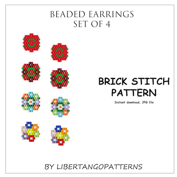 Set of 4 earrings. Brick stitch pattern. Flower beaded earrings. Native American print earrings DIY. Seed bead pattern. Small stud earrings.