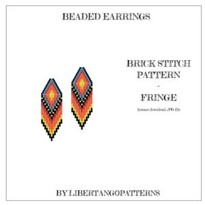 Puede incluir: Patrón de pendientes de cuentas con un diseño de punto de ladrillo y flecos. El patrón es de color rojo, naranja, amarillo, azul y negro. El patrón es para descarga instantánea como archivo JPG.  "BRICK STITCH PATTERN + FRINGE" y "BY LIBERTANGOPATTERNS" están escritos en la imagen.