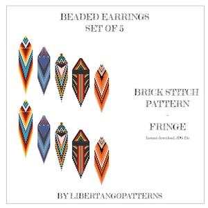 Puede incluir: Imagen que muestra cinco patrones de pendientes de cuentas en un diseño de puntada de ladrillo con flecos. Los pendientes presentan patrones geométricos en azul, naranja y negro. El texto dice "Beaded Earrings Set of 5".