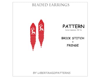 Stitch Brick pattern - Christmas beaded earrings - Red seed bead earrings - Deer earrings - New year earrings pattern - Fringe earrings