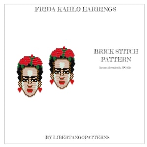 Puede incluir: Patrón de punto de ladrillo para hacer pendientes de Frida Kahlo. El patrón presenta un primer plano de la cara de Frida Kahlo con una corona de flores rojas. Descarga instantánea, archivo JPG. Por LibertangoPatterns.