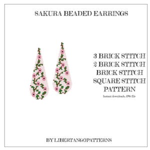 Stitch Brick pattern - Sakura beaded earrings - Geometric teardrop earrings - White and pink earrings - Floral earrings - Beadwork pattern