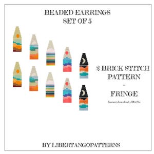 May include: An image featuring a set of five beaded earring designs. Each design is a colorful, abstract shape with a brick stitch pattern and fringe. The text reads "Beaded Earrings Set of 5" and "2 Brick Stitch Pattern + Fringe."