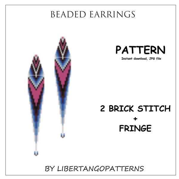 Brick stitch pattern. Beaded earrings with fringe. Native American print earrings DIY. Seed bead pattern. Mexican pattern. Tribal pattern.