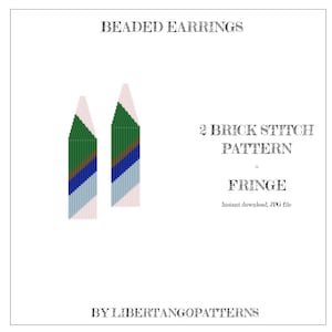 Puede incluir: Un fondo blanco con el texto "BEADED EARRINGS" en la parte superior. Se muestran dos diseños de pendientes, con patrones de cuentas verdes, azules y marrones. El texto "2 BRICK STITCH PATTERN + FRINGE" está debajo de los pendientes, con "Instant download. JPG file" debajo.