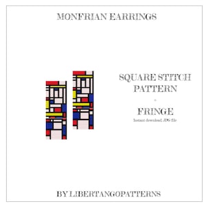 May include: A digital download pattern for square stitch earrings with a Mondrian-inspired geometric design in red, blue, yellow, and white. The pattern includes fringe and is available as a JPG file. The text "MONFRIAN EARRINGS" is at the top of the image, and the text "SQUARE STITCH PATTERN + FRINGE" is in the center of the image. The text "BY LIBERTANGOPATTERNS" is at the bottom of the image.