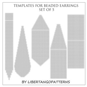Puede incluir: Cinco plantillas en blanco y negro para pendientes de cuentas. Las plantillas tienen forma de lágrima, triángulo, rectángulo y dos rectángulos de diferentes tamaños. El texto "TEMPLATES FOR BEADED EARRINGS SET OF 5 BY LIBERTANGOPATTERNS" está en la parte superior e inferior de la imagen.