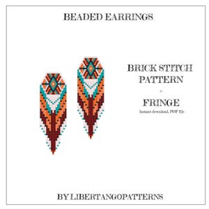 Puede incluir: Patrón de pendientes de cuentas en punto de ladrillo con flecos. El patrón presenta cuentas de color naranja, blanco, marrón y turquesa. El patrón está disponible como descarga instantánea en formato PDF. "BRICK STITCH PATTERN" y "FRINGE" están escritos en texto negro sobre fondo blanco. "BY LIBERTANGOPATTERNS" está escrito en texto negro en la parte inferior de la imagen.