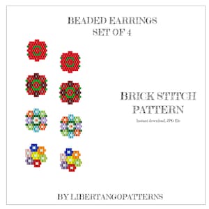 Puede incluir: Un conjunto de cuatro patrones de pendientes de cuentas en punto de ladrillo. Los patrones incluyen flores rojas, flores multicolores y una sola flor roja. Los patrones están disponibles como descarga instantánea en formato JPG. "BEADED EARRINGS SET OF 4 BRICK STITCH PATTERN Instant download, JPG file BY LIBERTANGOPATTERNS"