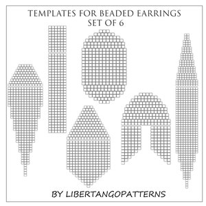 May include: Six black and white beaded earring templates for crafting. The templates are in the shape of a teardrop, oval, rectangle, and two different arch shapes. The text "TEMPLATES FOR BEADED EARRINGS SET OF 6 BY LIBERTANGOPATTERNS" is at the top and bottom of the image.