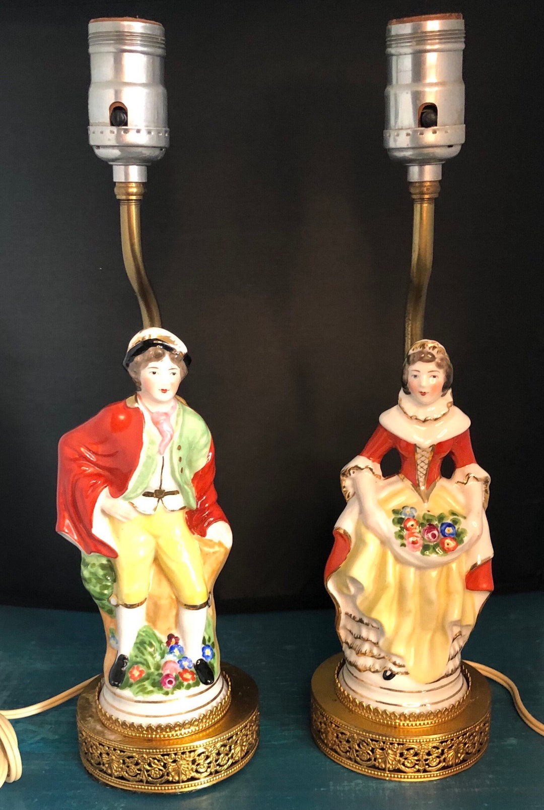 Vintage Porcelain Figurine Lamp Set Circa 1940 Porcelain Man Etsy
