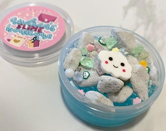 Rainy Days Large Perlite Slime, crunchy spring themed slime scented like lavender, shake bead slime, pumice slime, scented slime with charm