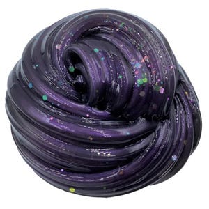 May include: A swirl of dark purple slime with iridescent glitter flecks. The slime has a glossy, smooth texture and appears to be pliable. The glitter includes shades of pink, green, and blue, adding a playful element to the toy.