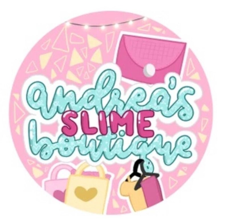 May include: Pink circle logo with the text "andrea's slime boutique" in blue and pink lettering. The logo also features a pink purse, shopping bags, and a string of lights.
