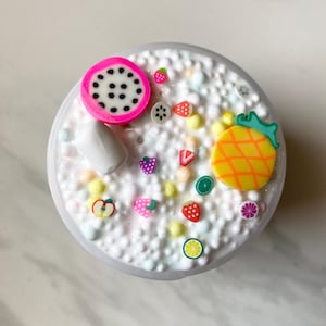 Fruit Salad floam slime scented microfloam, slime gift idea, popular slimes, summer slime, crunchy slime with foam beads and fruit fimos