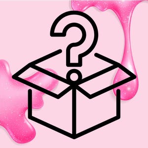 May include: Black line art of an open box with a large question mark above it, set against a pink background with pink glittery drips. The box is open, suggesting a mystery or surprise.