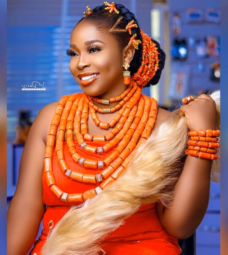 EdoIgbo Bride Coral Beads Set and Horsetail for African Nigerian Wedding