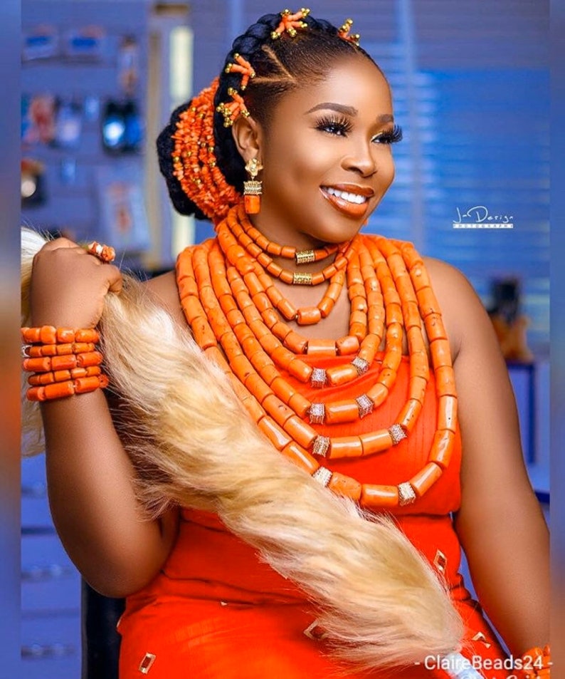 EdoIgbo Bride Coral Beads Set and Horsetail for African Nigerian Wedding