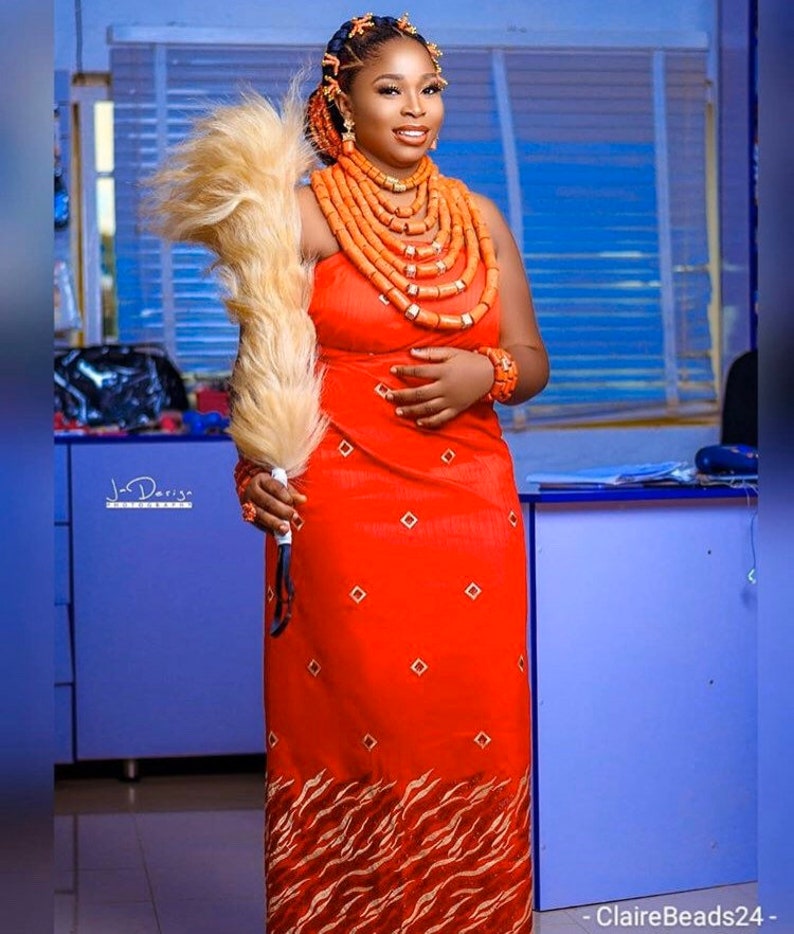 EdoIgbo Bride Coral Beads Set and Horsetail for African Nigerian Wedding
