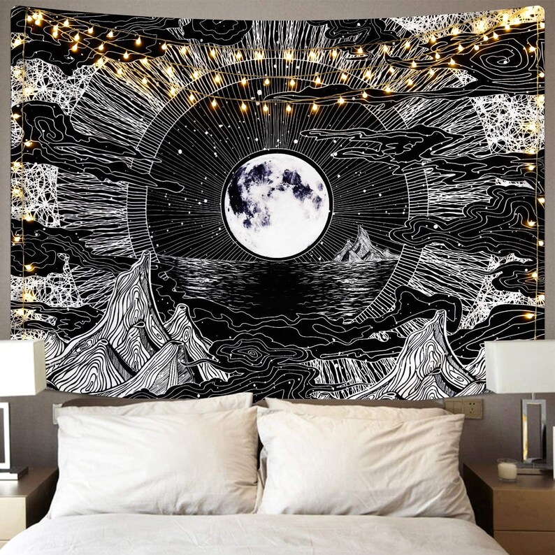 Tapestries Black Tapestry Psychedelic Mountain Tapestry for Etsy