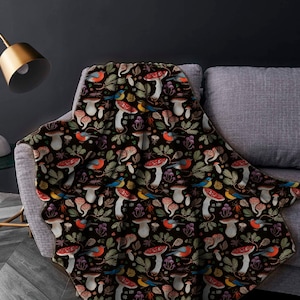 Botanic Mushrooms Birds Velveteen Plush Blanket - Gift Idea - Decorative Item