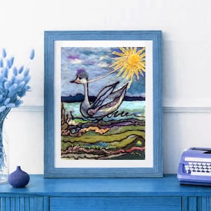 Sunflower Duck - Original Wool Painting, Needle Felt Art Painting, Wool Picture, Wall Art,  Felted Wool