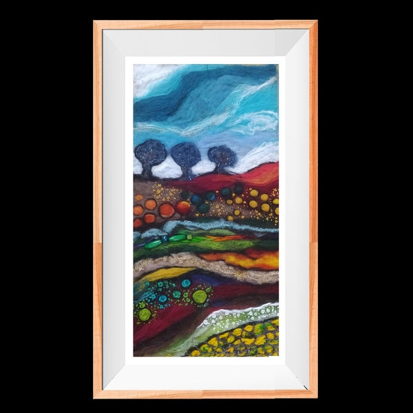 Red Valley - Trees and Fields | Landscape Needle Felt Art Painting, Modern Embroidery, Wool picture, Felted Artwork