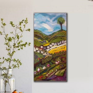 Tree on the hill - Landscape Abstract Wool Painting, Gift for Art Lovers, Original Needle Felt Painting, Wool Picture, Felt Wall Hanging,