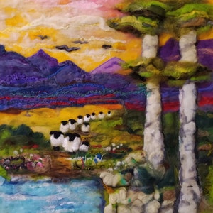 Pink Sunrise - Needle Felt Landscape Painting, Wool Picture, Felted Wall Art, Felt Picture, Felt Art, Nature Home Painting, Sheep Herd,