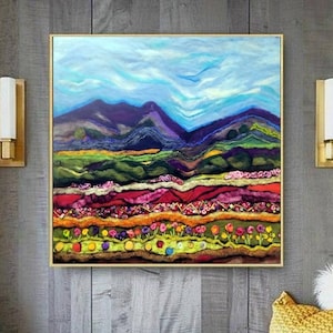 Flower Valley - Landscape Wool Painting, Gift for Art Lovers, Original Needle Felt Picture, Felted Wall Hanging, Needlefelt Abstract
