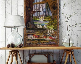 Wool Felted Needle Felt Art Painting Needle Felt Picture Moon Gazing Hare in Woodland- Embroidery Wall Art Easter Gift Fiber Art