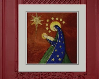 Religious Abstract  Christmas Nativity with Madonna and Jesus | Mary and Baby Jesus - Needle Felt Art Painting,  Felt Tapestry, Wool Picture