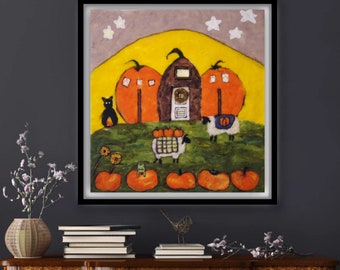Cheeky Pumpkin Houses and White Plushy Sheep - Needle Felt Art Painting, Wool Picture, black cat frog autumn sheep fall artwork, Felted Wool