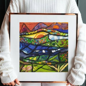 Mosaic Landscape Wool Painting, Original Needle Felt Art, Felt Wall Hanging, Abstract Felted Art, Felting Pictures, Wall Art, Felt Tapestry