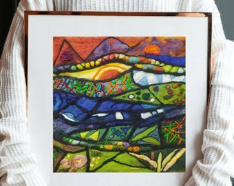 Mosaic Landscape Wool Painting, Needle Felt Fiber Art Tapestry