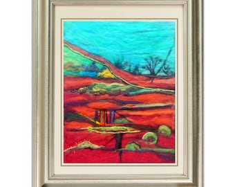 Fire Rocks - Abstract Wool Felting Landscape, Felt Art Painting, Gift for Wool Anniversary