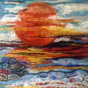 Colorful Red Sunset | Sea Reflections  -  Original Abstract Felt Canvas Art Painting, Felted Wool Picture