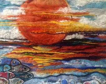 Colorful Red Sunset | Sea Reflections  -  Original Abstract Felt Canvas Art Painting, Felted Wool Picture