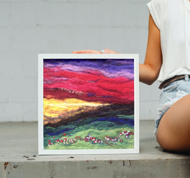 Red Sky Sunset Landscape Needle Felt Art Painting, Highlands Wool Art, Original Needle Felting, Nature Home Decor, Felted Wall Art, image 4