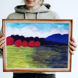 Red Trees Field | Original Wool Painting, Landscape Abstract, Needle felting Wall Art,  Needle Felt Art Painting, Blue Mountain Wool Picture