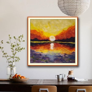 Romantic Sun Reflection - Felt Art Painting, Original Needle Felt Wall Art, Colorful Wool Picture, Sunset View, Orange in the Mediterranean