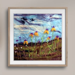 Yellow Daisy Wild Flowers | Needle Felt Art Painting, Highlands Landscape, Felted Wool Art, Original Nature Home Decor