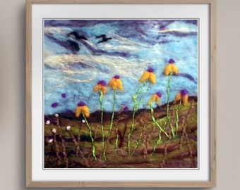 Fleurs sauvages marguerite jaune | Peinture d'art en feutre aiguilleté, paysage des hautes terres, art de la laine feutrée, décoration d'intérieur nature originale
