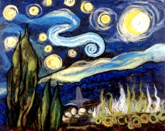 Starry Night - Impressionist Felted Wool Painting, Original Needle Felt Art, Van Gogh Wool Picture