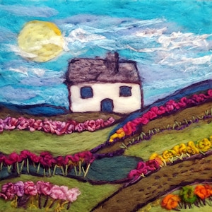 Irish Cottage -  Original Felt Art Painting,  Gift for Her, Modern Embroidery, Wool picture, Handmade Wall Art