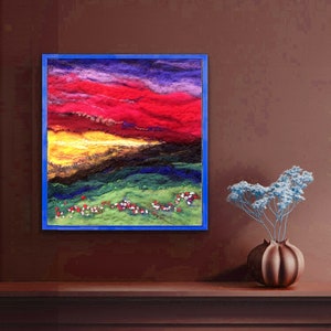 Red Sky Sunset Landscape Needle Felt Art Painting, Highlands Wool Art, Original Needle Felting, Nature Home Decor, Felted Wall Art, image 2
