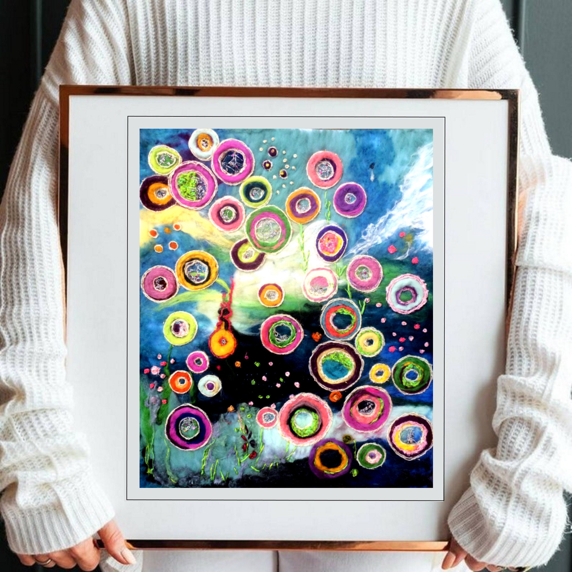 Whimsical Magic Lands - Pink Flowers | Abstract Felt Art Painting, Original Wool Picture, Colorful tree of life